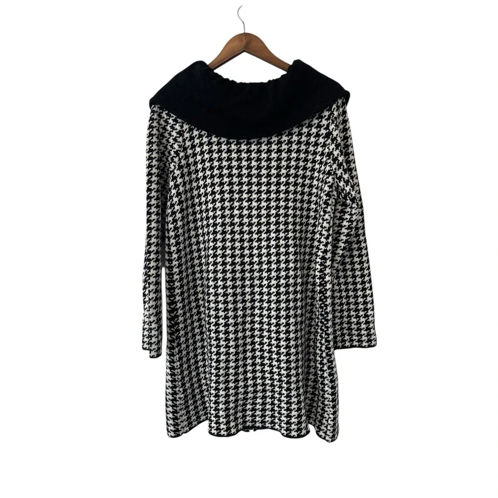 Women's Hounds Tooth Longline Coatagin Cardigan Zip Front Preppy Classic Size XL